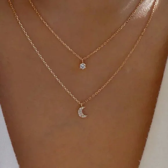 Layered Necklace, Rhinestone Moon Charm Layered Necklace - Picture 1 of 6